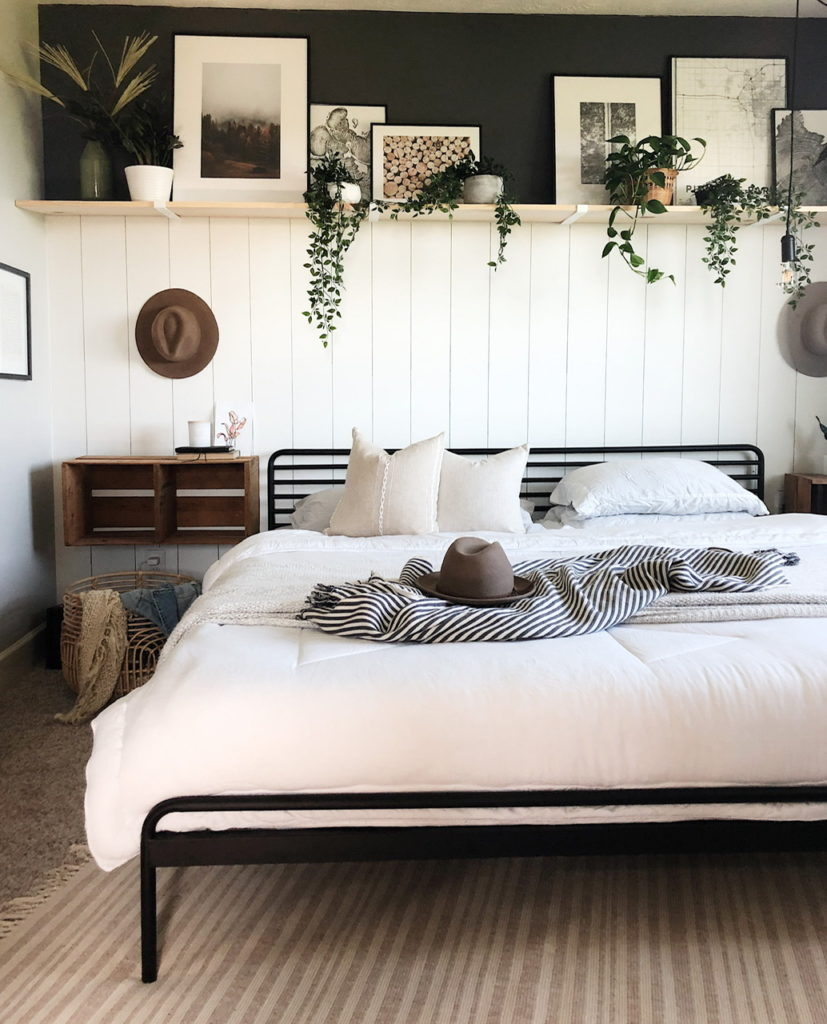 open shelving in a bedroom DIY master bedroom modern farmhouse